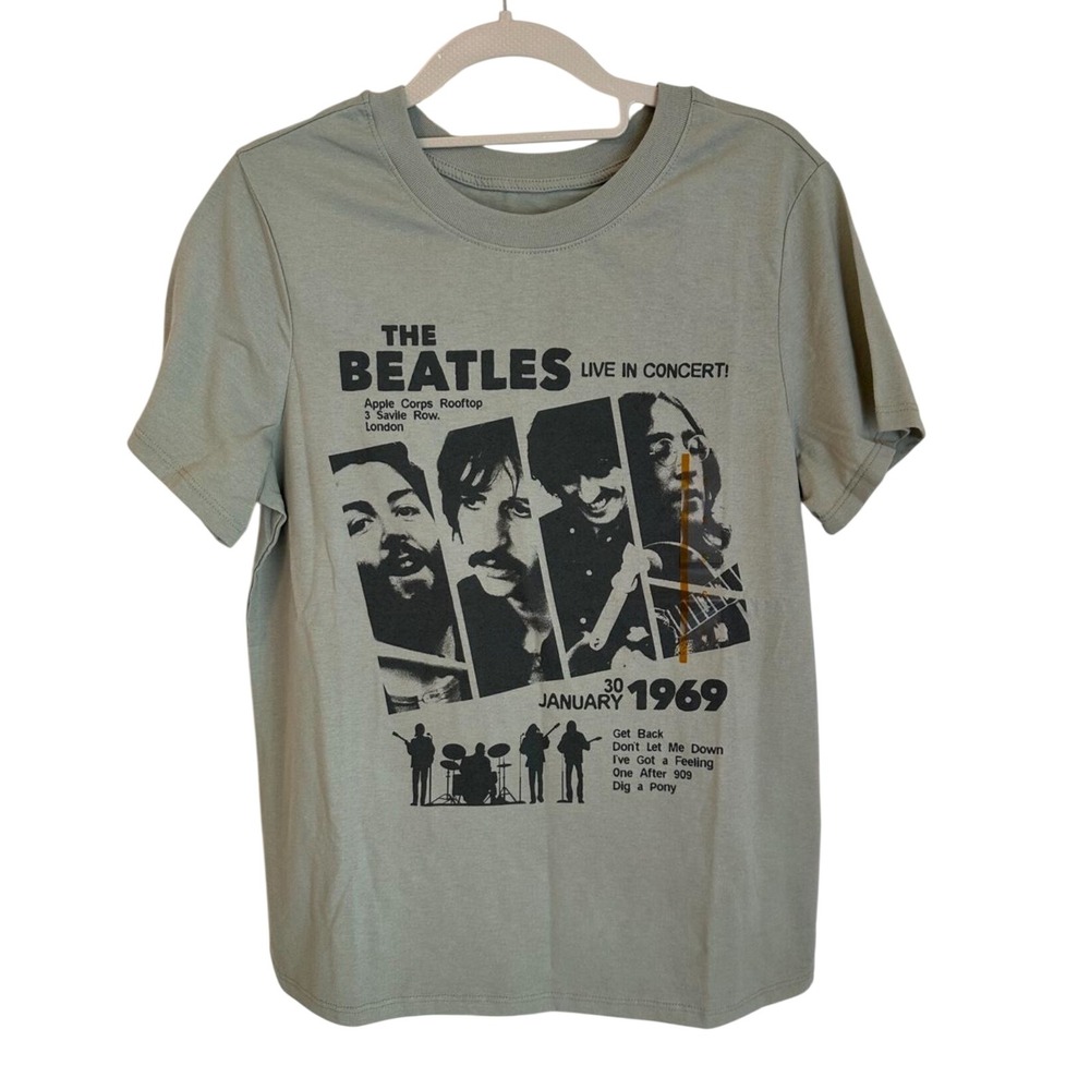 The Beatles T-Shirt Live In Concert Rooftop 1969 Women's XL Desert Sage Band New